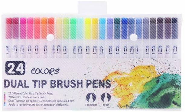 Sabahz Trading 24 Colors Dual Brush Tip Art Marker, Fine Tip Marker Calligraphy Brush Pens
