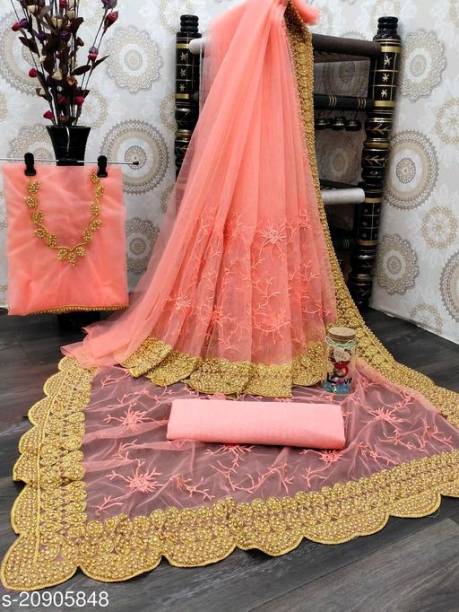 NEW BS Handwork Self Design, Temple Border, Embroidered Bollywood Net Saree
