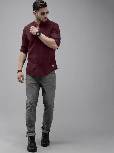 Men Regular Fit Solid Mandarin Collar Casual Shirt