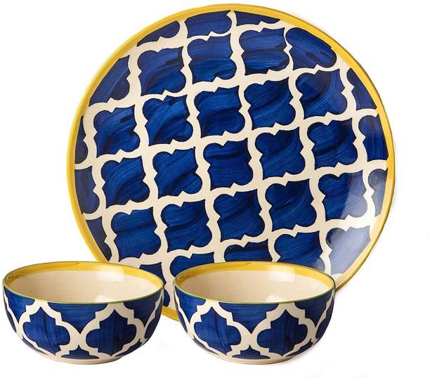 VolCraft Pack of 3 Ceramic Hand Painted Blue Umrao 1 Dinner Plate, 2 Bowls Microwave & Dishwasher Safe Dinner Set