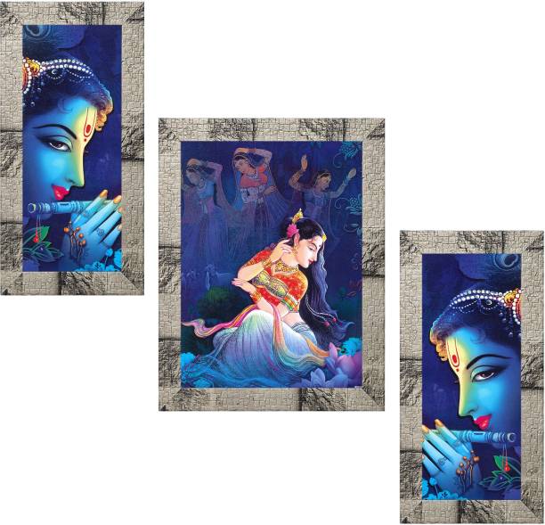 Indianara Set of 3 " Radha Krishna " Framed Painting (4118MW) without glass Digital Reprint 13 inch x 10.2 inch Painting