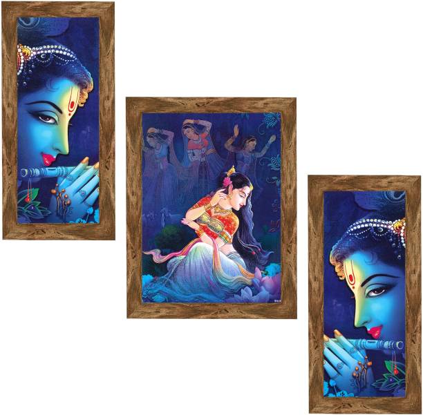 Indianara Set of 3 " Radha Krishna " Framed Painting (4118WNT) without glass Digital Reprint 13 inch x 10.2 inch Painting