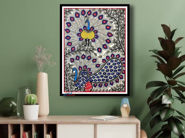 Artdarshan Madhubani Peacock Love Story Painting Natural Colors 19 inch x 15 inch Painting