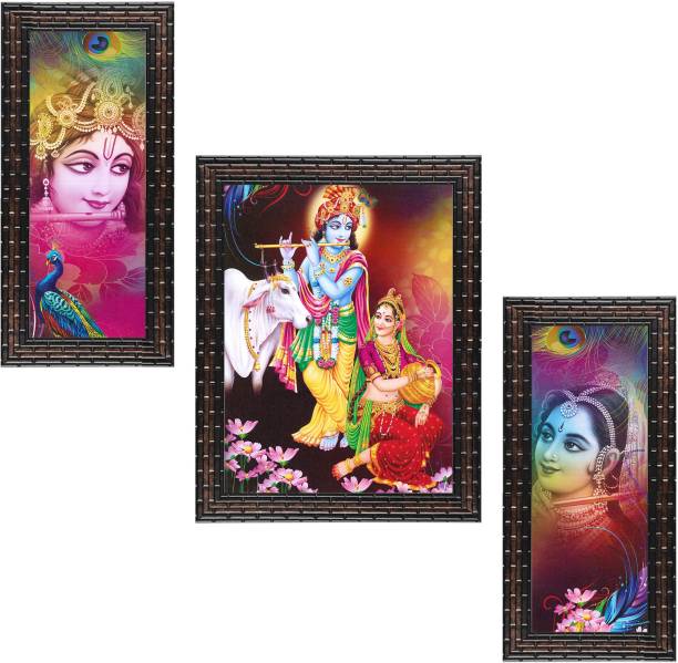 Indianara Set of 3 " Radha Krishna " Framed Painting (4118GB) without glass Digital Reprint 13 inch x 10.2 inch Painting