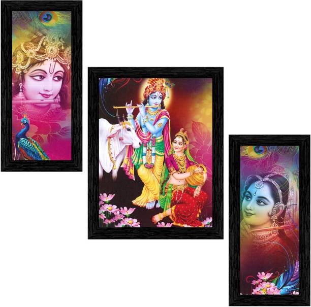 Indianara Set of 3 " Radha Krishna " Framed Painting (4118BK) without glass Digital Reprint 13 inch x 10.2 inch Painting