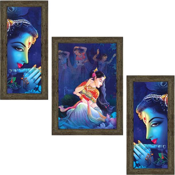 Indianara Set of 3 " Radha Krishna " Framed Painting (4118EBY) without glass Digital Reprint 13 inch x 10.2 inch Painting