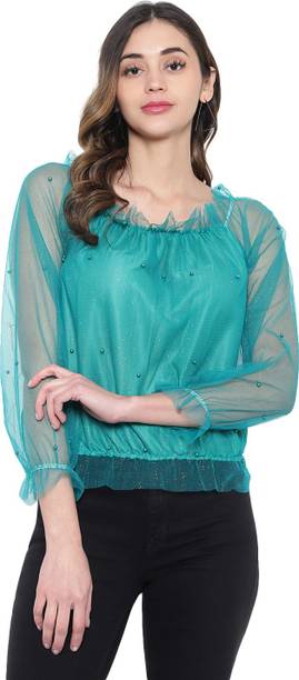Sm impex Party Self Design, Embellished Women Light Blue Top