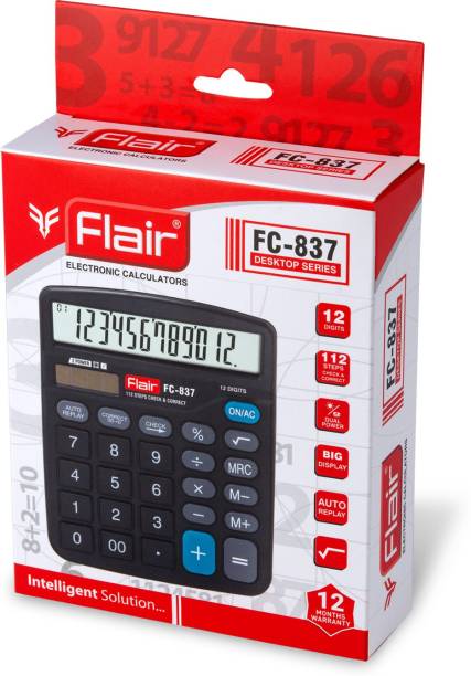 FLAIR 141897 FC-837 Desktop Series 12 Digits, 112 Steps, Dual Power Basic  Calculator