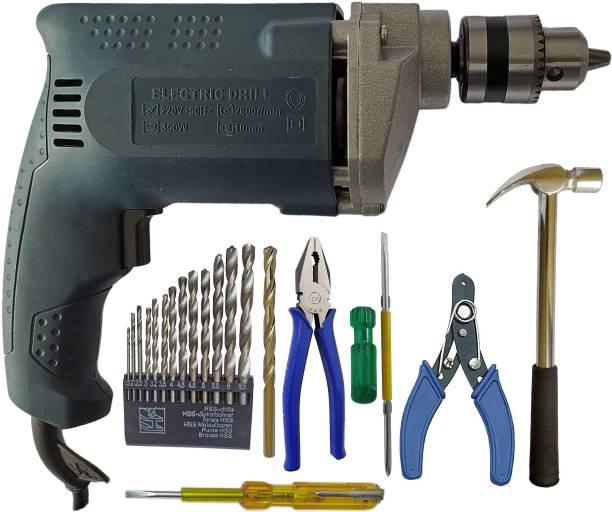 DUMDAAR 350W 10mm Drill machine 13pc HSS Plier Masonry Screwdriver Cutter Hammer Tester Power &amp; Hand Tool Kit
