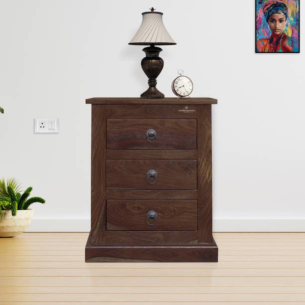 Tamannaartpalace Solid Wood TRIO Bedside Table with Storage in Walnut Black Finish, Pre-Assembled Solid Wood Bedside Table