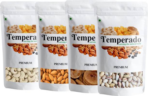 Temperado Dry Fruit Combo| Kaju, Badam, Namkeen Pista, Anjeer| 200gm Each | Almonds, Figs, Cashews, Pistachios