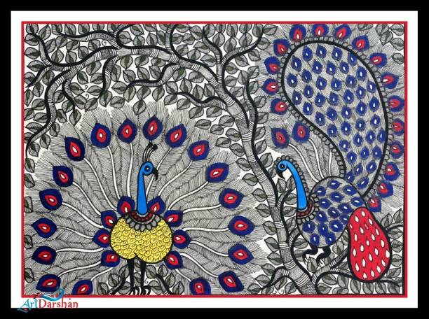 Artdarshan Madhubani Painting Framed Wall Mount "peacock" |Handmade Painting for Wall Decor Natural Colors 15 inch x 19 inch Painting