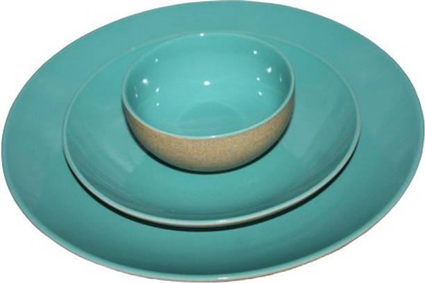 VolCraft Pack of 3 Ceramic SeaGreen Antique Matte 1 Dinner & 1 Quarter Plate, 1 Katori Bowl Microwave Safe Dinner Set