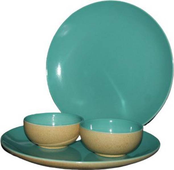 VolCraft Pack of 4 Ceramic SeaGreen Antique Matte 2 Dinner Plate, 2 Katori Bowl Microwave & Dishwasher Safe Dinner Set