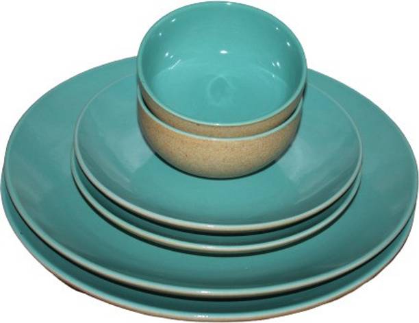 VolCraft Pack of 6 Ceramic Hand Glazed Sea Green Antique Matte 2 Dinner & 2 Quarter Plate 2 Katori Bowl Dinner Set