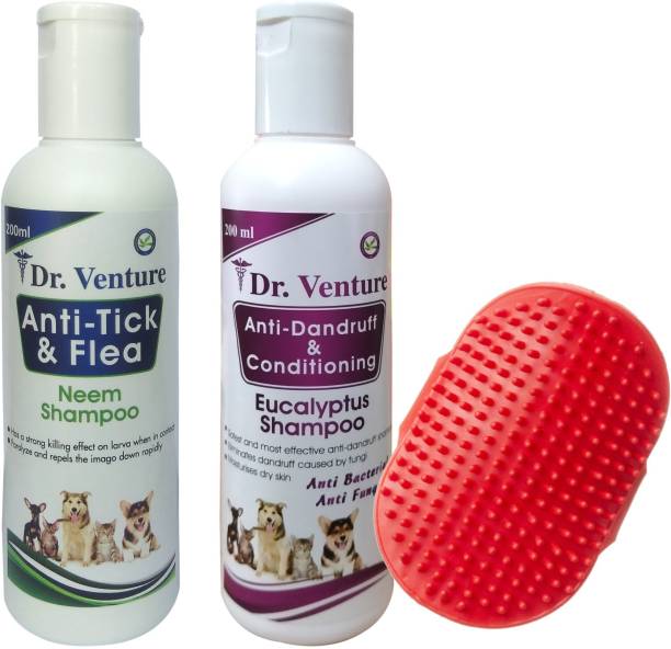 Dr Venture Anti-tick Shampoo 200 ml + Anti Dandruff & Conditioning 200 ml + Pet Brush Allergy Relief, Anti-dandruff, Anti-fungal, Anti-itching, Conditioning, Flea and Tick Natural Dog Shampoo