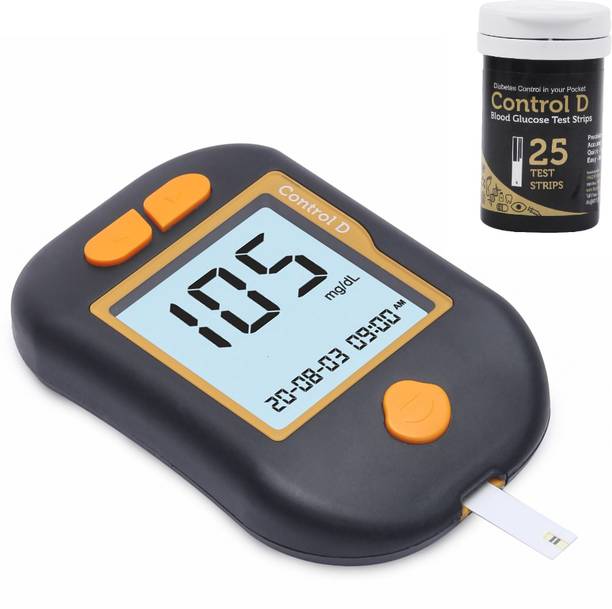 Control D Advanced Glucose Blood Sugar Testing Machine with 25 Strips Black Orange Glucometer