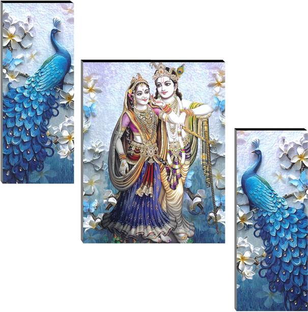 Indianara Set of 3 Radha Krishna with Peacocks MDF Art Painting (4141FL) without glass Digital Reprint 18 inch x 12 inch Painting