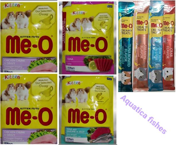 Me-O meo kitten gravy jelly treat combo of 8pcs by Aquatica fishes.. Chicken, Tuna, Salmon 0.38 kg (8x0.05 kg) Wet Young Cat Food