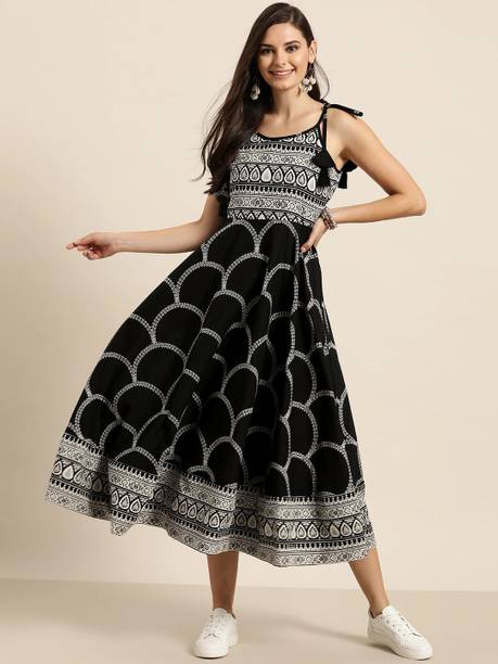 Women Fit and Flare Black, White Dress