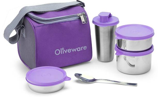 Oliveware o Lunchbox | 3 Stainless Steel Containers, Sipper & Spoon| Insulated Bag 3 Containers Lunch Box