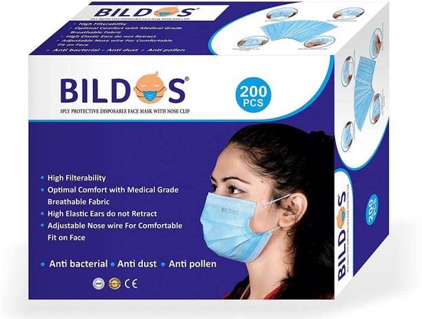 BILDOS Mask With Nose Pin and Ultrasonically Welded Ear Loop in Box Packing 200 Pcs Surgical Mask With Melt Blown Fabric Layer