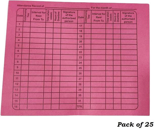JSMSH Paper Attendance Card for Daily Payroll Wages- Attendance Record-Big Size