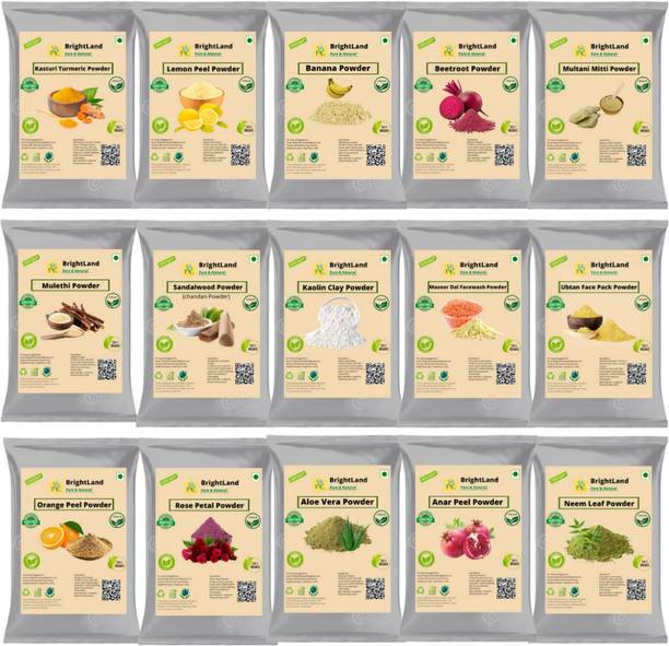 Brightland Combo of Skin care Sandalwood Powder 50gm, Turmeric Powder 50gm , Beetroot powder 50gm, Mulethi Powder 50gm, Rose Petel powder 50gm, Orange peel Powder 50gm, Lemon peel Powder 50gm, Multani Powder 50gm, Kaolin clay powder 50gm , Neem powder 50gm , Masoor Dal powder 50gm, Alovera powder 50gm, Banana Powder 50gm, Anar peel powder 50gm, Ubtan Powder 50gm,