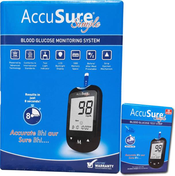 AccuSure Simple Blood sugar Glucose monitoring system machine including 50 Test Strips Glucometer