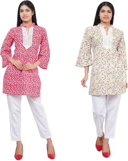 Pack of 2 Women Floral Print Pure Cotton Straight Kurta Price in India