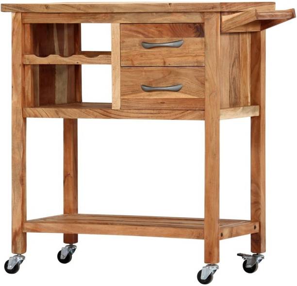 SMAART CRAAFTS Acacia Wood Multipurpose Bar Trolley with Wheels, 2 Drawers & 3 Shelves Solid Wood Bar Trolley