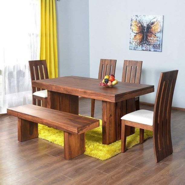 Wood Print Premium Dining Room Furniture Wooden Dining Table with 4 Chairs & 1 Bench Solid Wood 6 Seater Dining Set
