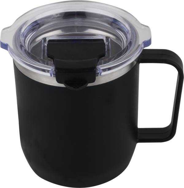 Ozimo Premium Black Stainless Steel Coffee/Tea (350 ml) With Handle Flip Top Lid Stainless Steel Coffee Mug