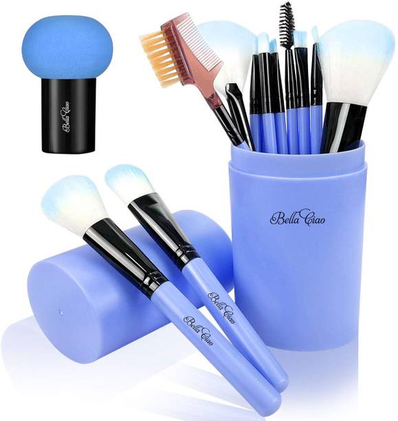 Bella Ciao Professional 12 Pcs Makeup Brush With Box & Mushroom Shaped Sponge Puff - Blue