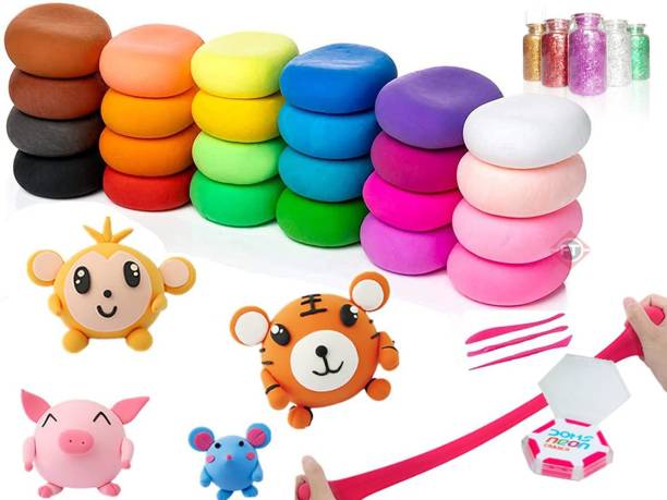 FC Party Return Gift 24pcs Clay Pack with 1 eraser + Glitter And Tools for Him/Her Multicolor Putty Toy