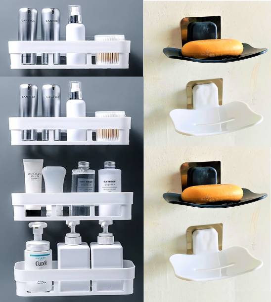QXORE Bathroom Shelves 4 Pcs + Soap Stand 4 Pcs Multipurpose and Rack for Home Plastic Wall Shelf