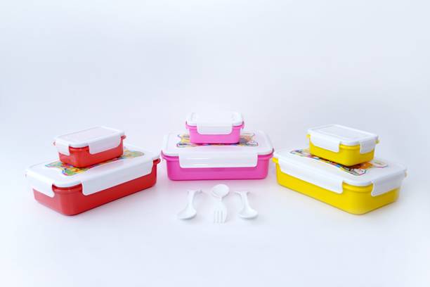 Antic Air tight 6 Compartment Combo of 3 with spoon for Office School Collage Use 2 Containers Lunch Box
