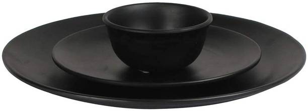 VolCraft Pack of 3 Ceramic Handmade Black Matte 1 Dinner & 1 Quarter Plate 1 Katori Bowl Microwave Safe Dinner Set