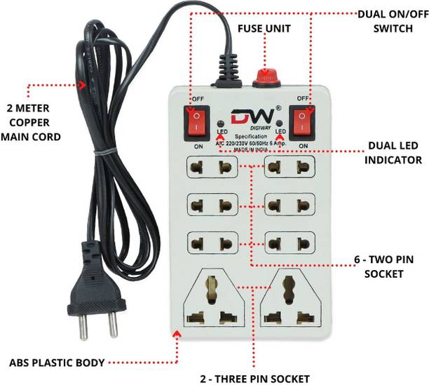 Digiway 8+2 Socket Mini Socket Board(Cord Length:-2.0 Meter) 8  Socket Extension Boards