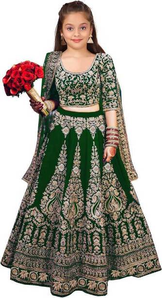 DIZVU Girls Lehenga Choli Ethnic Wear Embroidered Lehenga, Choli and Dupatta Set
