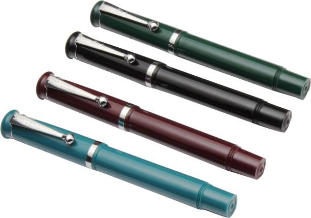 Ledos Set Of 4 - Vsign Cute Pocket Size Fountain Pens Eyedropper System Chrome Trims Pen Gift Set