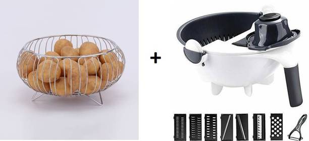Somkala Presents Combo Pack of Steel Fruit/Vegetable Basket and Wet Basket Vegetable & Fruit Chopper