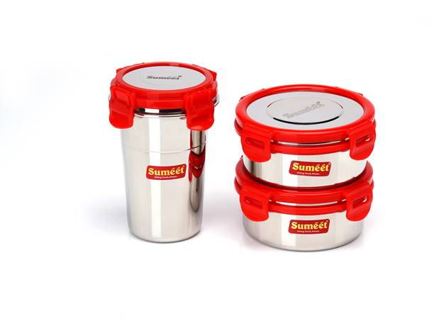 Sumeet Red Meal Statinless Steel Lunch box combo 2 Container (350Ml),1 Tumbler (400Ml) 3 Containers Lunch Box