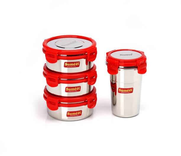 Sumeet Red Meal Statinless Steel Lunch box combo 3 Container (350Ml), 1 Tumbler(400Ml) 4 Containers Lunch Box