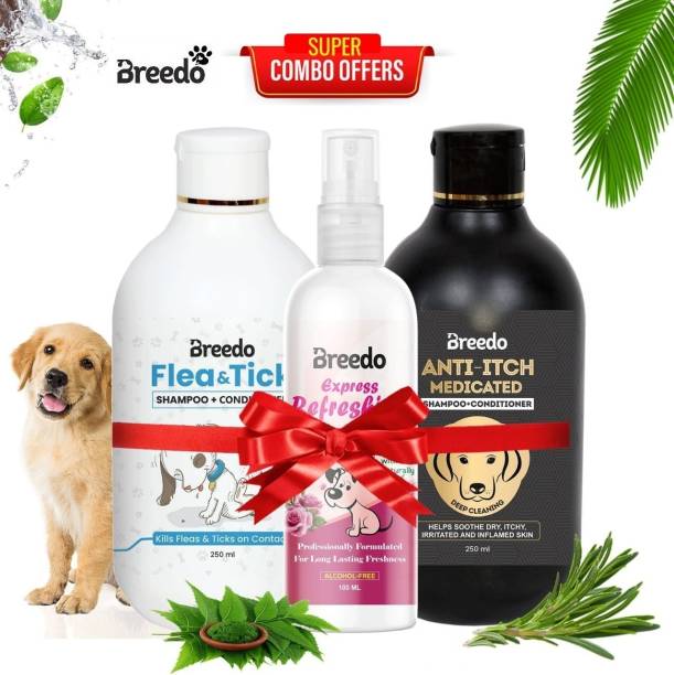 Breedo Dog (Combo of 3) Flea-Tick Shampoo + Anti-Itch Shampoo 500 ml + 100 ml Spray Allergy Relief, Conditioning, Anti-fungal, Anti-microbial, Anti-itching, Anti-dandruff Natural Dog Shampoo