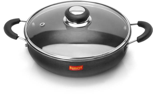 Sumeet Pre Seasoned Iron Kadai 2.5mm Thick with Glass Lid (25.2 cm, 3Ltr) Kadhai 25.2 cm diameter with Lid 3 L capacity