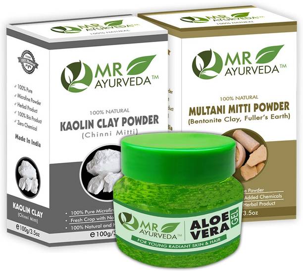 MR Ayurveda 100% Natural Aloe Vera Gel, Kaolin Clay Powder & Multani Mitti Powder - Pack of 3