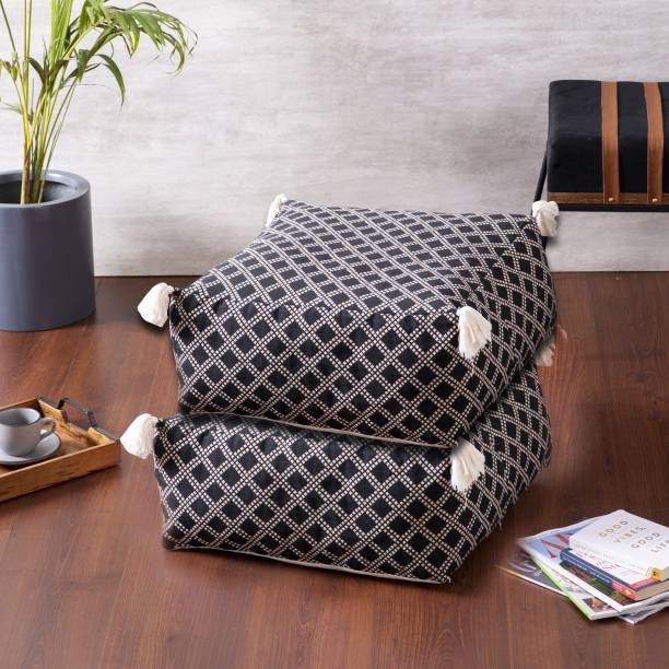 nestroots Set of 2 Pouffy stool ottoman for Living Room sitting cushioned pouffe (Black) Stool