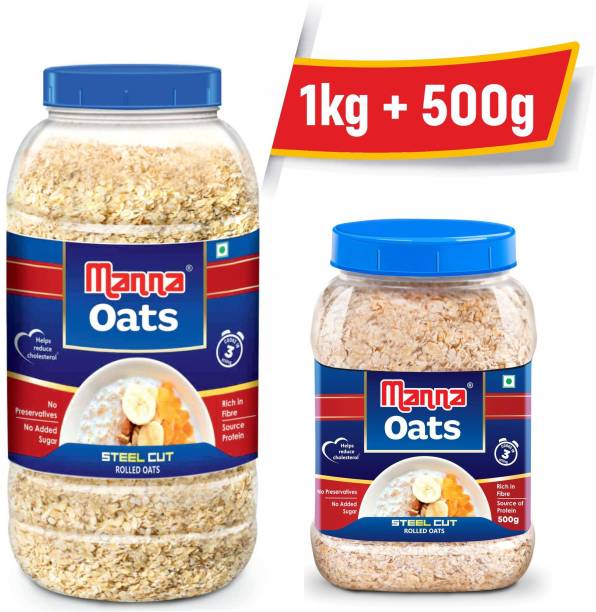 Manna Oats - 1.5kg (1kg x 1 Jar and 0.5kg x 1 Jar) | Gluten Free Steel Cut Rolled Oats | High in Fibre & Protein | 100% Natural | Helps Maintain Cholesterol. Good for Diabetics Plastic Bottle