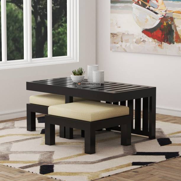 DecorNation Myron Solid Wooden Coffee Table 2 Stools â€“ Natural Finish Solid Wood Coffee Table